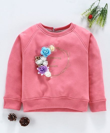 Yellow Apple Full Sleeves Floral Embellished Sweatshirt - Pink