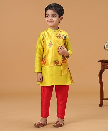 Kirti Agarwal Pret N Couture Varsha Showering Trends Flowers Printed Full Sleeves Kurta With Attached Jacket & Payjama Set - Yellow & Red