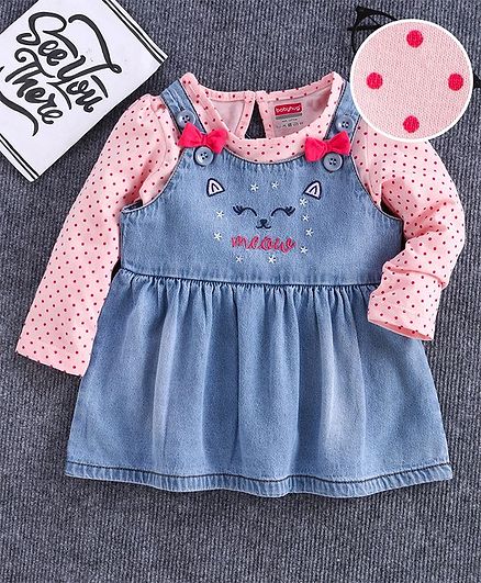 Babyhug Dungaree Style Frock With Full Sleeves Tee Dot Print - Peach