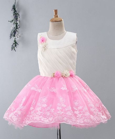 Babyhug Sleeveless Party Wear Frock Floral Appliques - White Pink