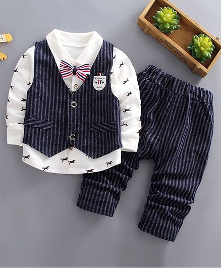Pre Order - Awabox Animal Print Full Sleeves Shirt With Striped Vest & Pants Set With Attached Bow Tie - Navy Blue