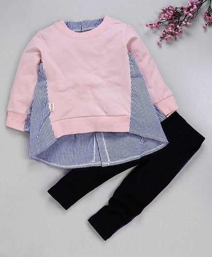 Kookie Kids Full Sleeves Striped Top & Bottom - Pink Blue
