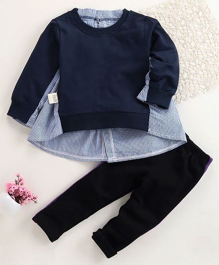 Kookie Kids Full Sleeves Striped Top & Bottom - Navy Blue