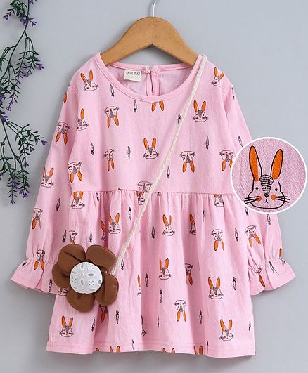 Kookie Kids Full Sleeves Frock With Sling Pouch Bunny Print - Light Pink