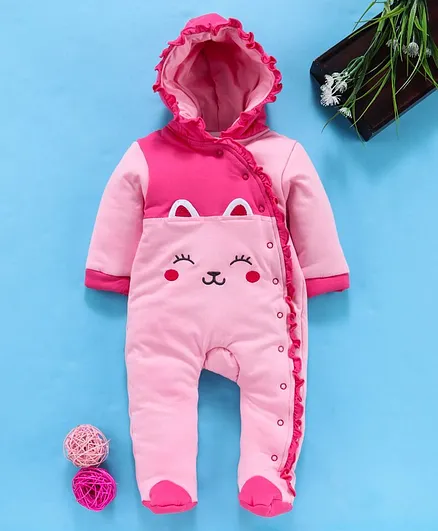 Babyhug Full Sleeves Hooded Romper Kitty Patch - Pink
