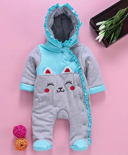 Babyhug Full Sleeves Winter Wear Hooded Romper Kitty Patch - Blue