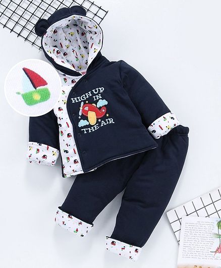 Babyhug Winter Wear Full Sleeves Hooded Tee And Lounge Pant Aeroplane Embroidery - Navy Blue