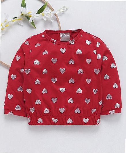 Little Kangaroos Full Sleeves Top Glitter Hearts Print - Red