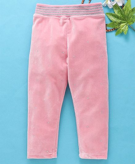 Little Kangaroos Full Length Velvet Leggings Embellished With Crystals - Baby Pink