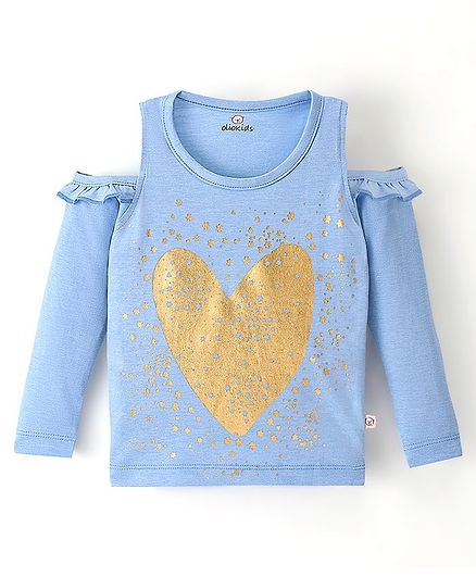 Olio Kids Cold Shoulder Top Heart Print - Sky Blue