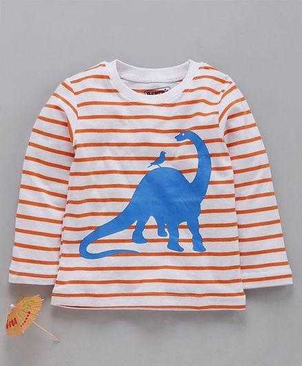 Kookie Kids Full Sleeves Striped Tee Dino Print - White Orange