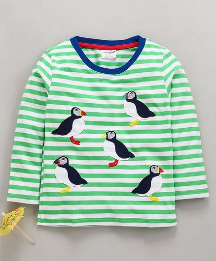 Kookie Kids Full Sleeves Striped T-Shirt Penguin Patch - Green