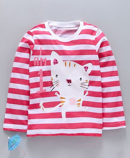 Kookie Kids Full Sleeves Striped Tee Kitty Print - Red White