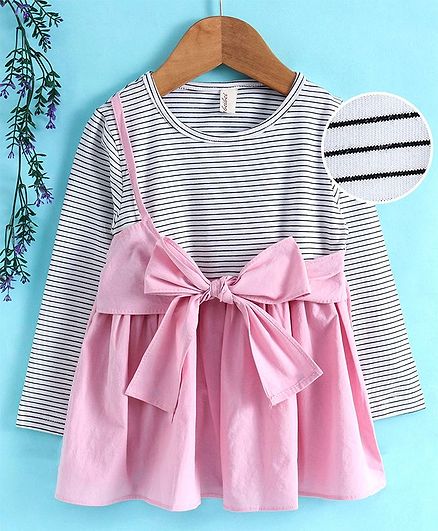 Kookie Kids Full Sleeves Striped Frock Bow Design - White & Pink