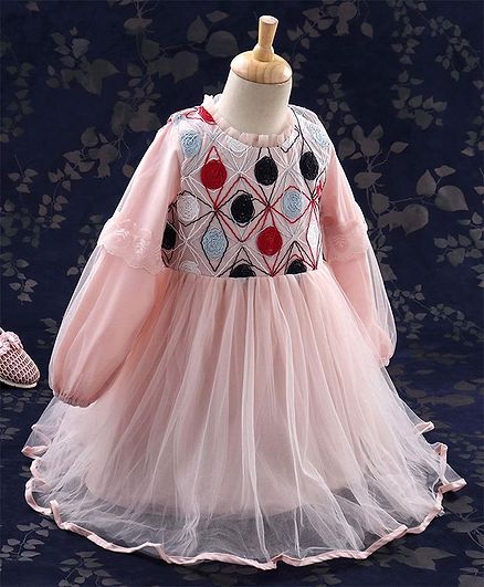Kookie Kids Full Sleeves Embroidered Party Wear Frock - Light Pink