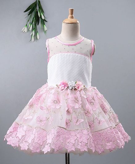 Enfance Flower Embroidered Beaded Sleeveless Netted Fit & Flare Dress - Pink