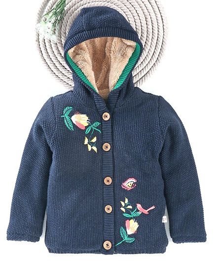Yellow Apple Full Sleeves Hooded Sweater Flower Embroidery - Navy