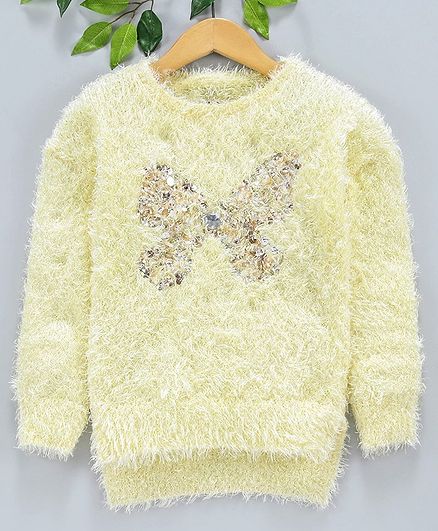 Yellow Apple Full Sleeves Sweater Sequin Butterfly Design - Cream