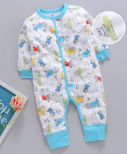 Kookie Kids Full Sleeves Romper Dino Print - White Blue