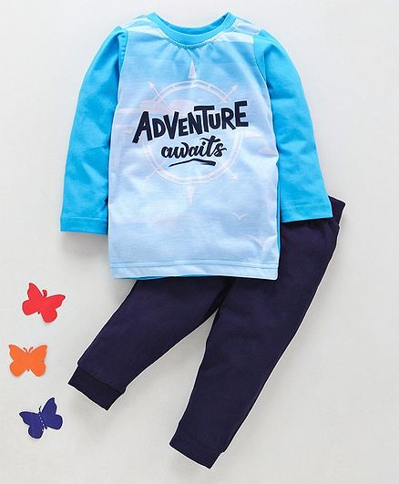 Eteenz Full Sleeves T-Shirt & Lounge Pant Set Adventure Awaits Print - Blue
