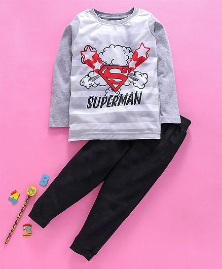 Eteenz Full Sleeves Tee And Lounge Pant Super Man Print - Grey Black