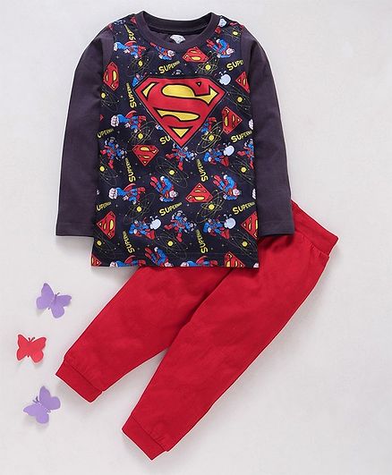 Eteenz Full Sleeves T-Shirt & Lounge Pant Set Superman Print - Grey Red