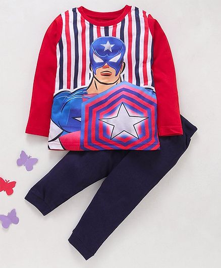 Eteenz Full Sleeves T-Shirt & Lounge Pant Set Captain America Print - Red
