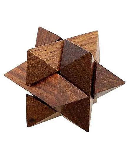 Desi Karigar Handmade 3D Star Jigsaw Wooden Brainteaser Puzzle Game Made In Pure Sheesham Wood - Brown