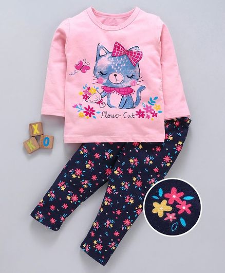 Kookie Kids Full Sleeves Night Suit Kitty & Floral Print - Pink Blue