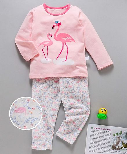 Kookie Kids Full Sleeves Night Suit Flamingo Print - Light Pink White