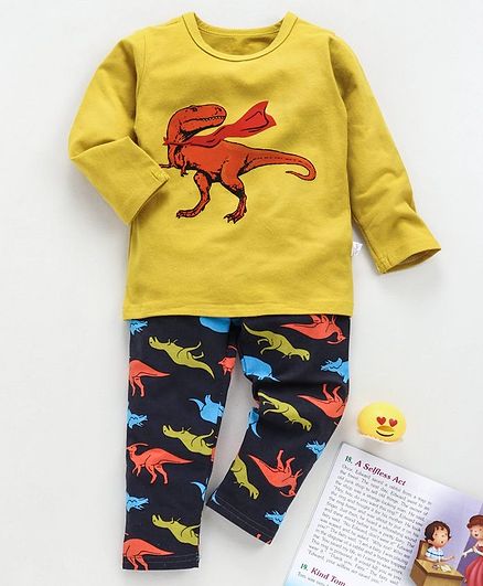 Kookie Kids Full Sleeves Night Suit Dinosaur Print - Yellow