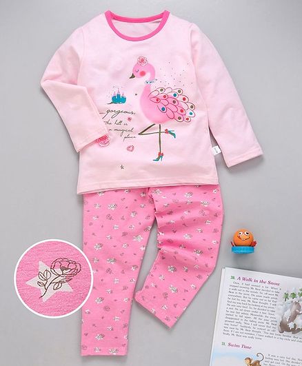 Kookie Kids Full Sleeves Night Suit Peacock Print - Pink
