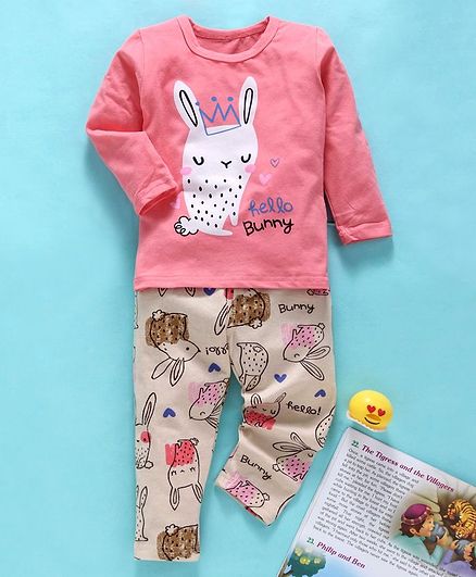 Kookie Kids Full Sleeves Night Suit Bunny Print - Pink