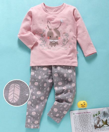Kookie Kids Full Sleeves Night Suit Bunny Print - Light Pink