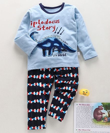 Kookie Kids Full Sleeves Night Suit Diplodocus Print - Blue