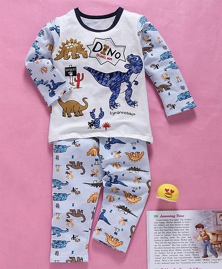 Kookie Kids Full Sleeves Night Suit Dino Print - Light Blue