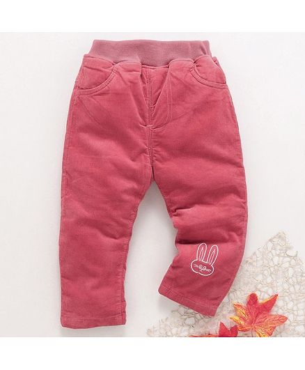 Kookie Kids Full Length Corduroy Pants Bunny Embroidery - Pink