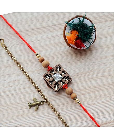 Pretty Ponytails Smart Geometric Set Of 3 Rakhi With Tikka And Bracelet - Brown & Gold