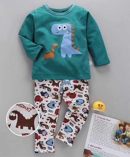 Kookie Kids Full Sleeves Night Suit Dino Print - Green