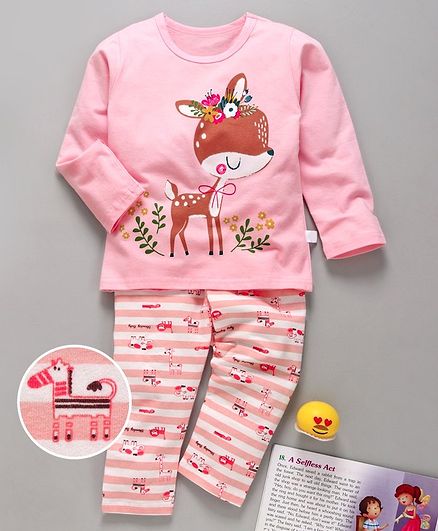 Kookie Kids Full Sleeves Night Suit Deer Print - Light Pink