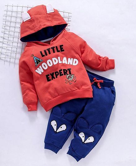 Babyhug Full Sleeves T-Shirt & Lounge Pant Text Print - Orange Blue