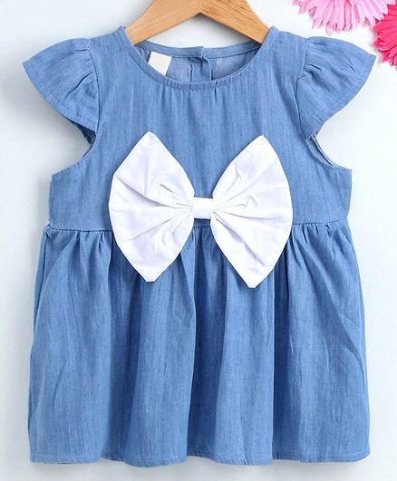 Kookie Kids Cap Sleeves Frock Bow Applique - Blue White