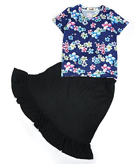 Kookie Kids Short Sleeves Floral Top With Skirt - Black