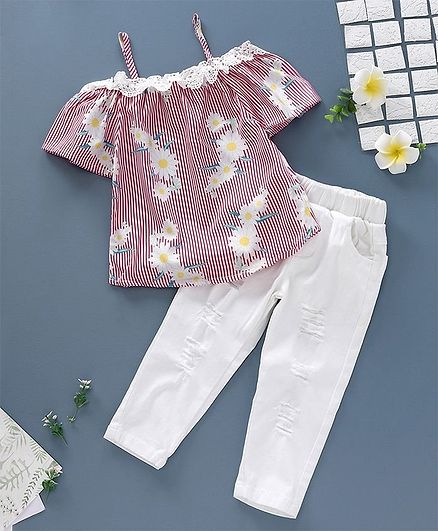 Kookie Kids Cold Shoulder Striped Top With Jeans - Pink