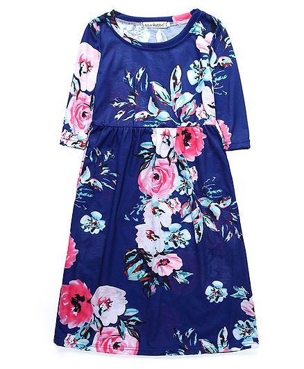 Kookie Kids Full Sleeves Frock Floral Print - Dark Blue