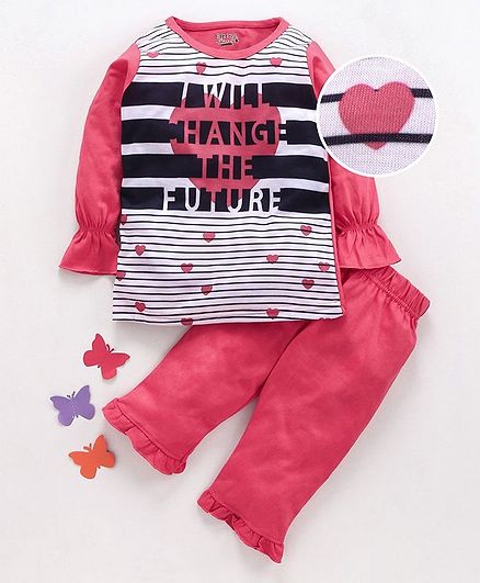 Eteenz Full Sleeves Night Suit Set Heart Print - Pink