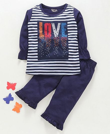 Eteenz Full Sleeves Striped Night Suit Love Print - Navy Blue