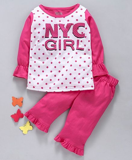 Eteenz Full Sleeves Night Suit NYC Girl Print - Fuchsia