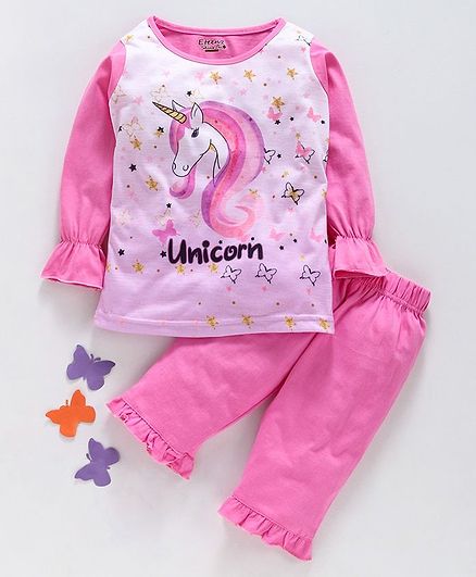 Eteenz Full Sleeves Top & Lounge Pant Set Unicorn Print - Pink