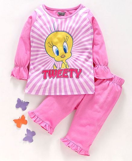 Eteenz Full Sleeves Top & Lounge Pant Set Tweety Print - Pink